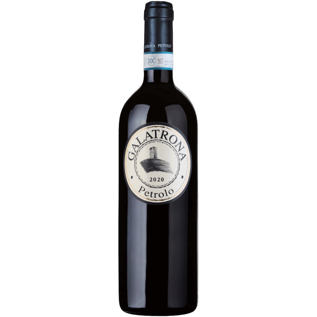 "A bottle of Petrolo Galatrona Valdarno Di Sopra DOC 2020 wine, showcasing elegant label design against a Tuscan backdrop, filled with deep red wine, symbolizing luxury and quality."