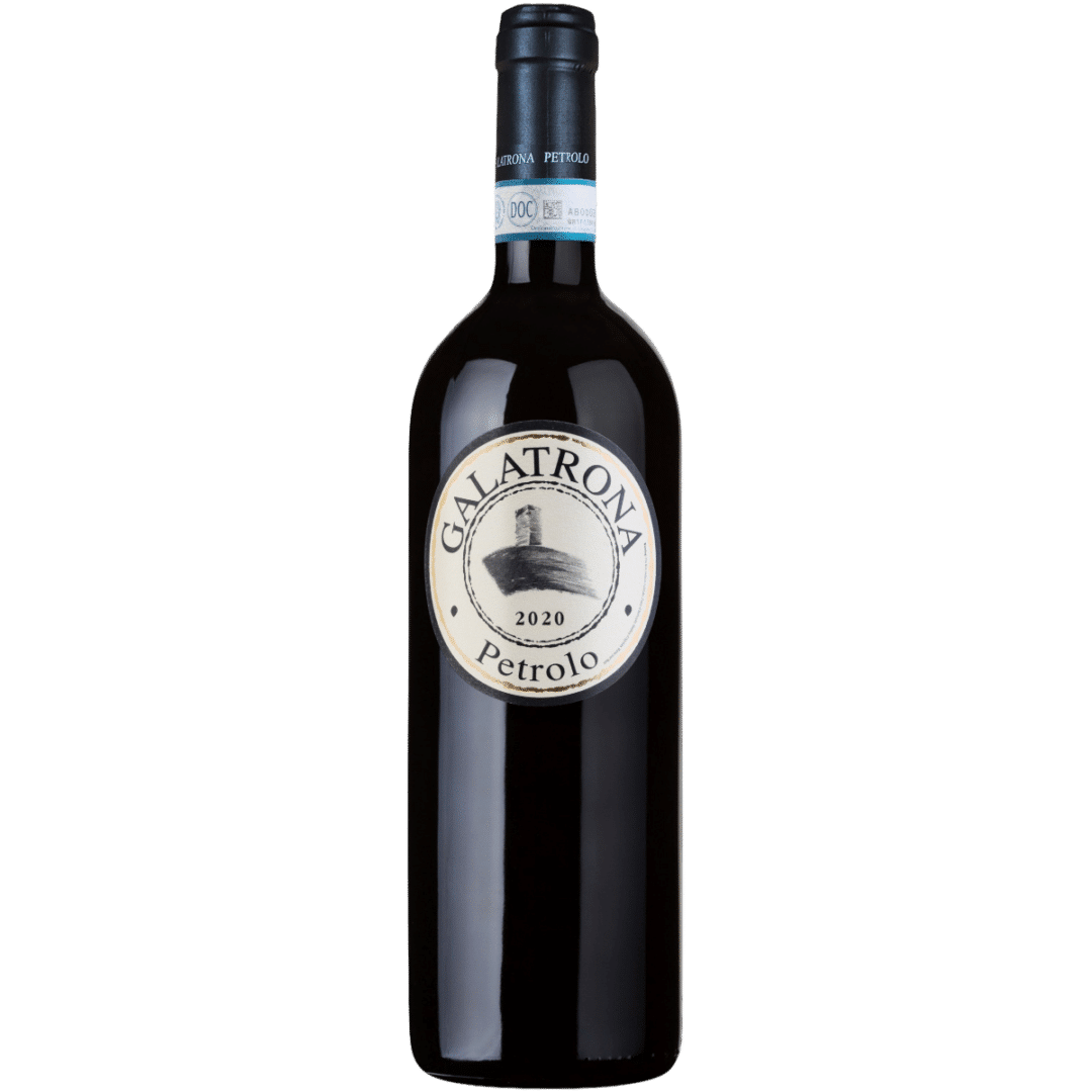 "A bottle of Petrolo Galatrona Valdarno Di Sopra DOC 2020 wine, showcasing elegant label design against a Tuscan backdrop, filled with deep red wine, symbolizing luxury and quality."