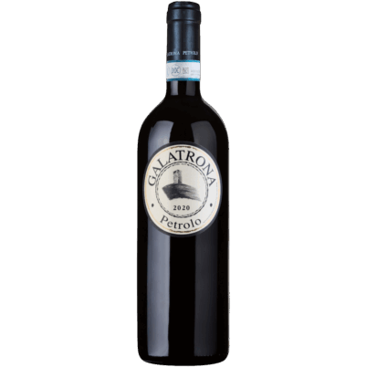 "A bottle of Petrolo Galatrona Valdarno Di Sopra DOC 2020 wine, showcasing elegant label design against a Tuscan backdrop, filled with deep red wine, symbolizing luxury and quality."