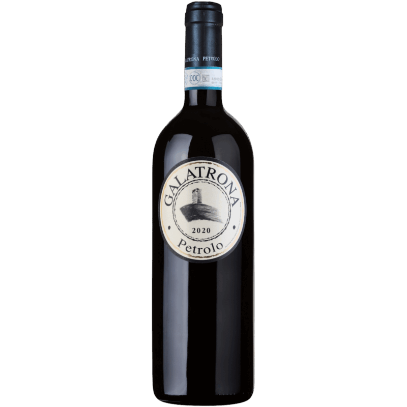 "A bottle of Petrolo Galatrona Valdarno Di Sopra DOC 2020 wine, showcasing elegant label design against a Tuscan backdrop, filled with deep red wine, symbolizing luxury and quality."