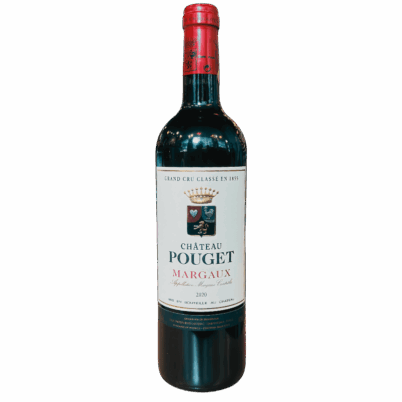 A bottle of Château Pouget Margaux Bordeaux wine, vintage 2020, featuring a red cap and a white label with a crest and the text "Grand Cru Classé en 1855".