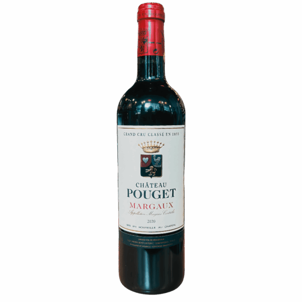 A bottle of Château Pouget Margaux Bordeaux wine, vintage 2020, featuring a red cap and a white label with a crest and the text "Grand Cru Classé en 1855".
