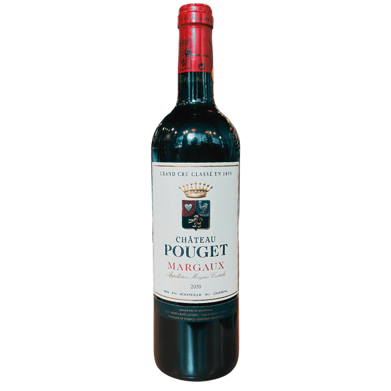 A bottle of Château Pouget Margaux Bordeaux wine, vintage 2020, featuring a red cap and a white label with a crest and the text "Grand Cru Classé en 1855".